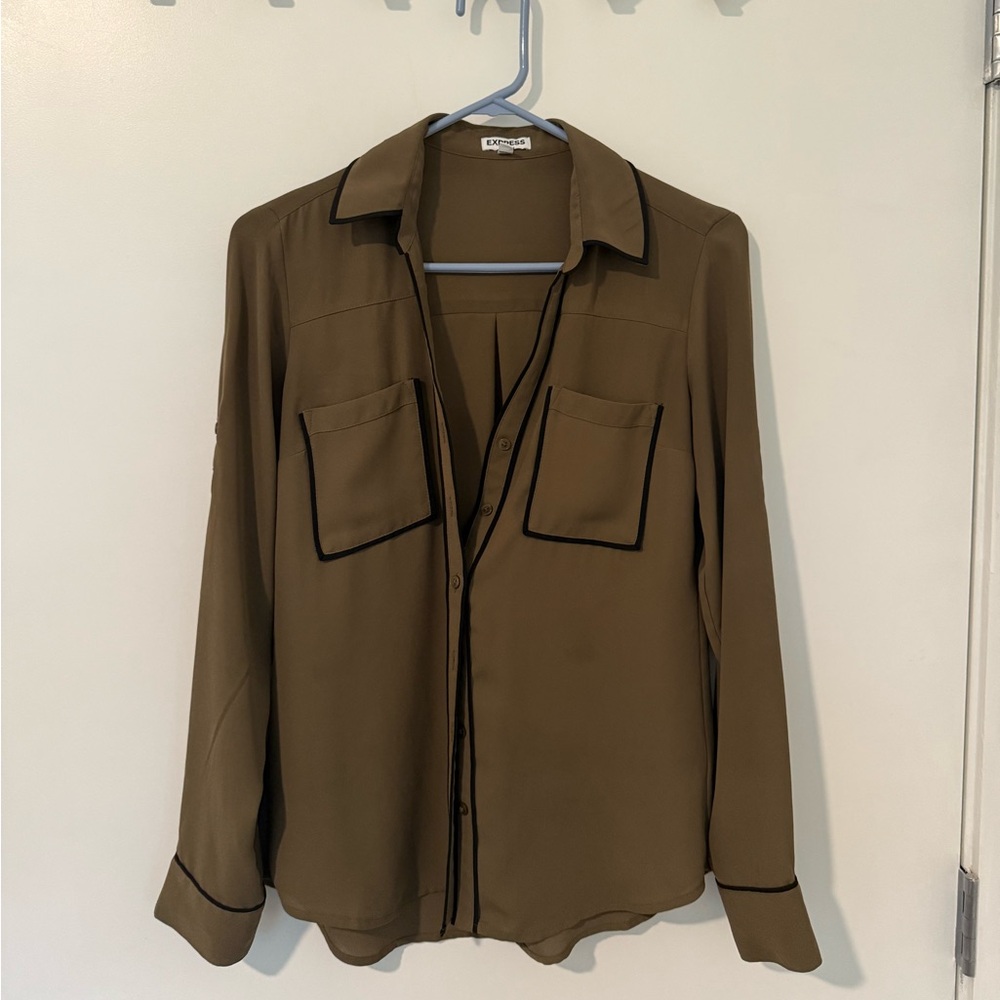 Express Olive Blouse with Black Trim